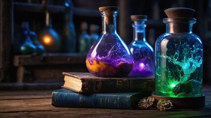 Enchanted Potion Bottle: Glowing Liquid, Luminescent Fruits, and a Mystical Workshop Straight Out of a Fantasy World