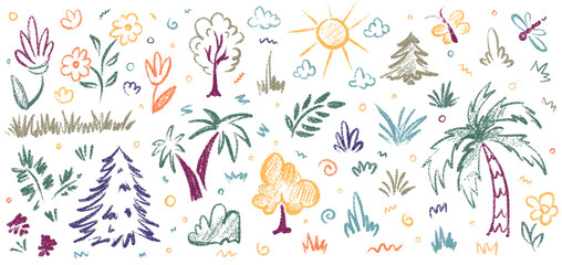 Hand-drawn crayon forest set. Palm, tree, fir, green grass and tropical jungle leaves, texture silhouette elements. Grunge brush texture. Hand drawn Vector illustration