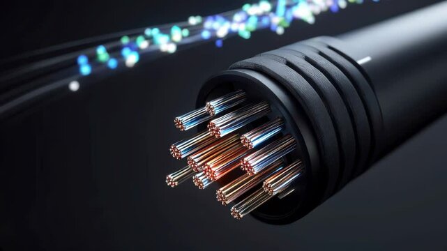Close-up of fiber optic cables with glowing signals, representing fast communication.
