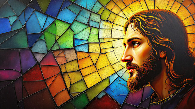 Ilustra&ccedil;&atilde;o art&iacute;stica de Jesus Cristo em perfil, com aur&eacute;ola dourada, sobre fundo de vitral multicolorido, transmitindo espiritualidade, f&eacute; e beleza sacra.