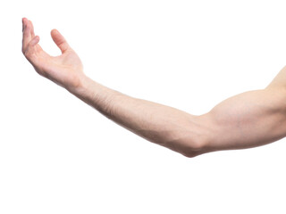 Extended male arm with open palm isolated on white
