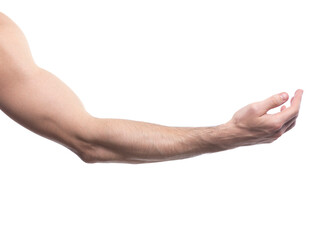 Man arm bent at elbow with open palm