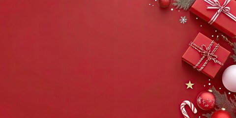 Red Christmas Background With Gifts Ornaments And Candy