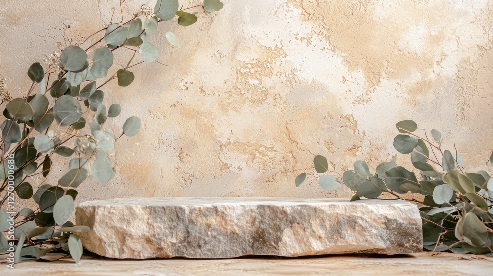 Poster a beautifully crafted podium sits amidst delicate eucalyptus leaves against a textured beige backdro