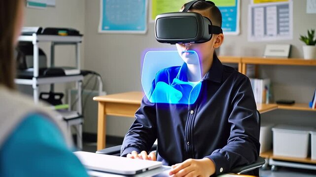 Child using VR headset in futuristic classroom. Education meets technology as a student interacts with augmented reality, enhancing learning through innovation.