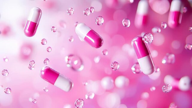 Floating pink capsules drifting in a surreal medical space. Symbolizing futuristic pharmaceuticals, synthetic drugs, and the fine line between healing and
