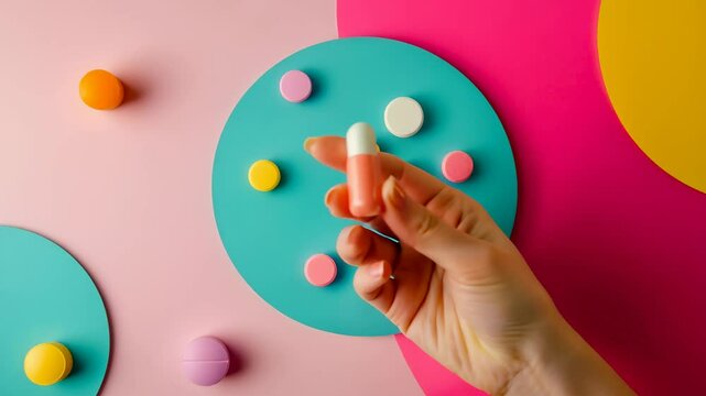 Hand picking a capsule from an abstract colorful background. Representing medical choices, pharmaceuticals, and the complexity of modern treatments.