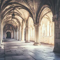 Obraz premium Gothic architecture interior with arched ceilings and stone columns in historic setting
