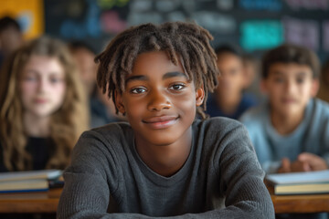 Obraz premium A 16-year-old cute African-American schoolboy sits at his desk, concentrating on his books and notebooks in the classroom. School education