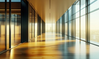 Empty modern hallway with polished wooden floors, large glass windows reflecting soft light, minimalist architectural design, clean and elegant interior