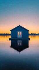 Fototapeta premium A floating boathouse on calm waters at sunset, reflecting the peaceful atmosphere, tranquility, and nature, symbolizing isolation, solitude, and serenity.