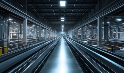 Factory interior with long conveyor belts, bright ceiling lights, and metal structures creating a futuristic industrial atmosphere.