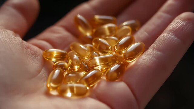 Hand full of golden gel capsules glowing under soft light. Representing supplements, healthcare, and the pursuit of well-being through modern medicine.