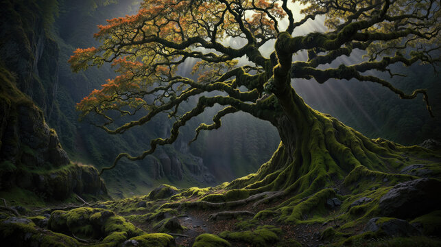 Ancient Moss-Covered Tree in a Sunlit Forest Canyon