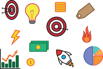 Cartoonish business icons for crypto and online courses. Set of cartoonish, comic book style icons