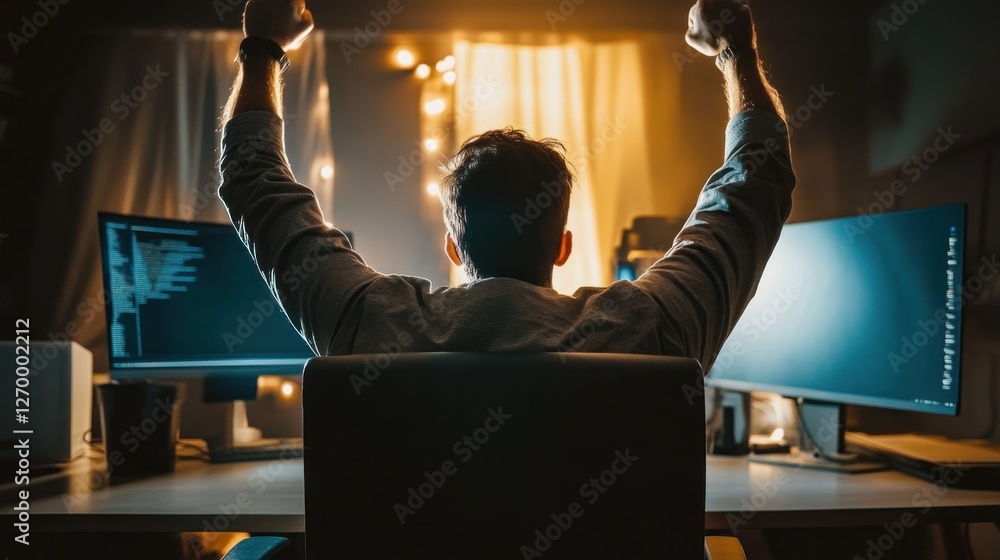 Poster successful programmer celebrates coding achievement at home at night