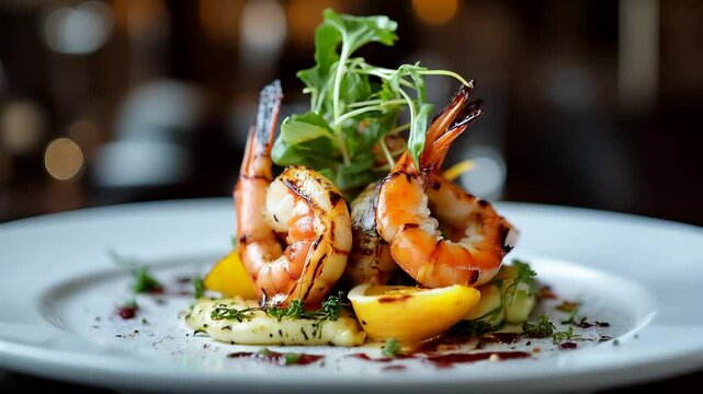 Gourmet shrimp dish served with fresh greens and lemon. Symbolizing fine dining, seafood delicacies, and culinary excellence.