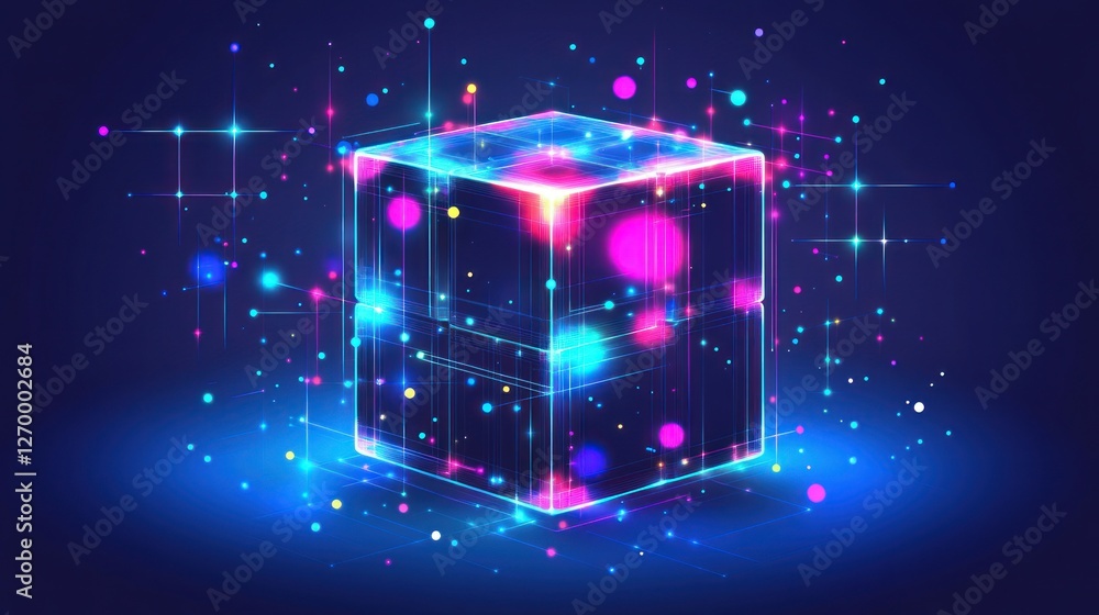 Poster futuristic cube with glowing particles and lines for digital innovation