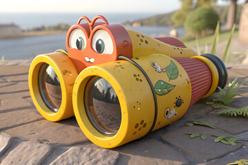 Colorful Cartoon Binoculars Lying on Cobblestones. A vibrant, cartoon-style pair of binoculars, featuring a friendly face and whimsical designs of leaves and insects, rests on a stone surface.