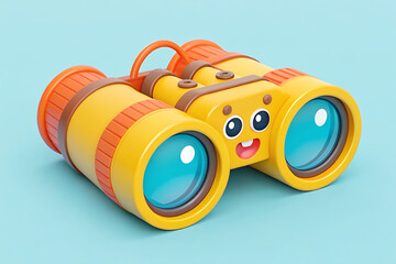 Playful Cartoon Binoculars Ready for Adventure. A cheerful, cartoon binocular character with big eyes and a smile is depicted against a light-blue backdrop.
