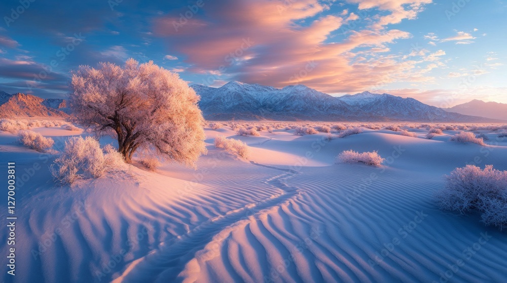 Poster Rippling sand dunes create a mesmerizing canvas as the first light of dawn dances across the surface. A solitary tree stands resilient amidst the serene beauty, embraced by subtle colors of morning