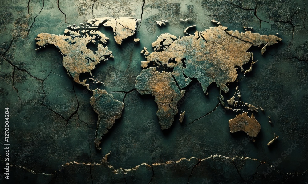 Poster fragmented world map with a cracked surface texture, symbolizing the challenges of unity in a divide