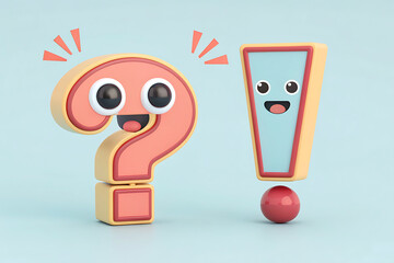 Cute question mark and exclamation mark characters against a pastel background. A playful image of a question mark and exclamation point, each with a cartoon face, presented against a light pastel blu