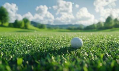Golf ball resting on a perfectly manicured green field, captured with precision and natural light for a professional sports look.