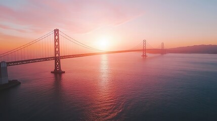 Obraz premium Aerial view of a large bridge spanning across a bay at sunset.