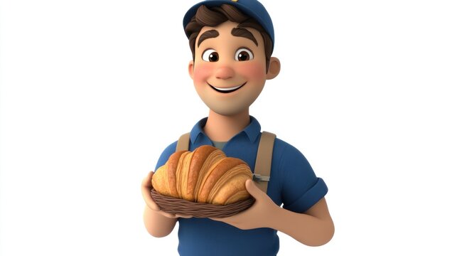 Cartoon Baker Holding Freshly Baked Croissants