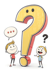 Curious Kids and a Giant Question Mark: A Fun Illustration for Educational Resources. Two cartoon children stand before a large, stylized question mark, symbolizing curiosity and exploration.