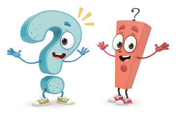 Question Mark and Exclamation Point Characters in Cute Cartoon Style. Two friendly cartoon characters, a question mark and an exclamation point, stand facing each other against a light beige backgroun