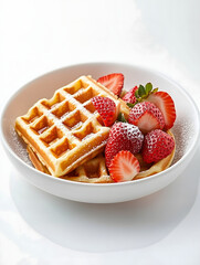 Homemade waffles topped with fresh strawberries on white dish with soft diffused lighting_2