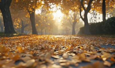 Golden autumn leaves covering the ground, soft sunlight filtering through the trees creating a peaceful fall landscap
