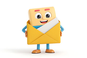 Cartoon boy holding a letter with mailbox. A cheerful cartoon boy in overalls is holding a white letter.
