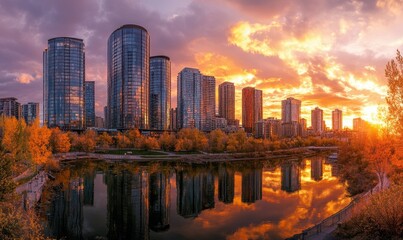 Obraz premium Golden sunset over a bustling city skyline, warm hues reflecting off the glass buildings, capturing the beauty of urban life