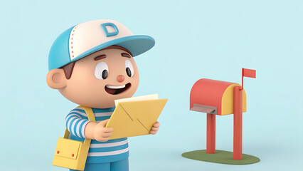 Cute Cartoon Mailman Delivers a Letter at a Home. A cheerful cartoon mailman, wearing a red cap and holding a yellow envelope, stands in front of a pastel-colored house.