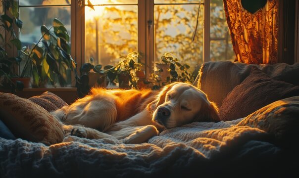 Golden retriever lying peacefully on a couch, surrounded by soft pillows and blankets, with golden evening light pouring through the windo
