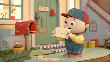 Cute Cartoon Mailman Delivers a Letter at a Home. A cheerful cartoon mailman, wearing a red cap and holding a yellow envelope, stands in front of a pastel-colored house.