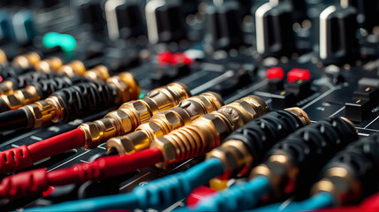 Close up of computer cables. Audio cables and connectors. Wire strip electrical transmission cable connectivity cord for audio and video transmission.