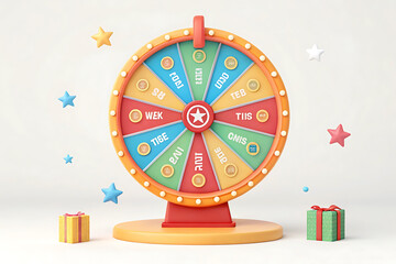 Colorful Prize Wheel with Gift, Perfect for Promotions. A vibrant 3D model of a prize wheel, featuring various sections in a range of colors.
