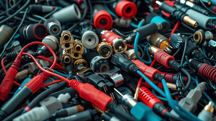 Close up of computer cables. Audio cables and connectors. Wire strip electrical transmission cable connectivity cord for audio and video transmission.