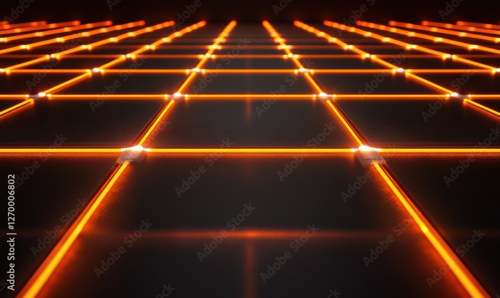 Poster high-tech led circuit with bright neon orange lines forming intricate patterns, sharp metallic surfa