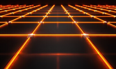 High-tech LED circuit with bright neon orange lines forming intricate patterns, sharp metallic surfaces reflecting light, futuristic technology design