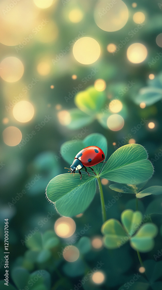 Poster Close-up of a ladybug on a clover leaf with soft bokeh background, symbolizing luck, nature, and the vibrant beauty of spring