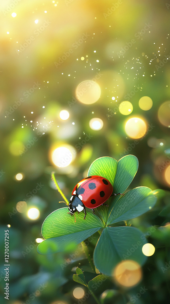 Poster Close-up of a ladybug on a clover leaf with soft bokeh and glowing background, symbolizing luck, nature, and the beauty of spring
