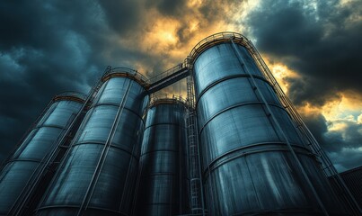 Industrial scene featuring towering metal silos under a dramatic cloudy sky, symbolizing large-scale production.