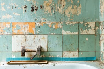 Home renovation work, including construction and demolition, on a tiled shower tub in a residential bathroom