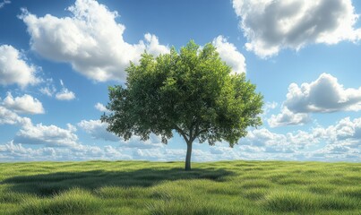 Obraz premium Isolated acacia tree standing in the middle of an open grassy field under a cloudy blue sky, serene countryside landscape, soft natural colors, tranquil mood
