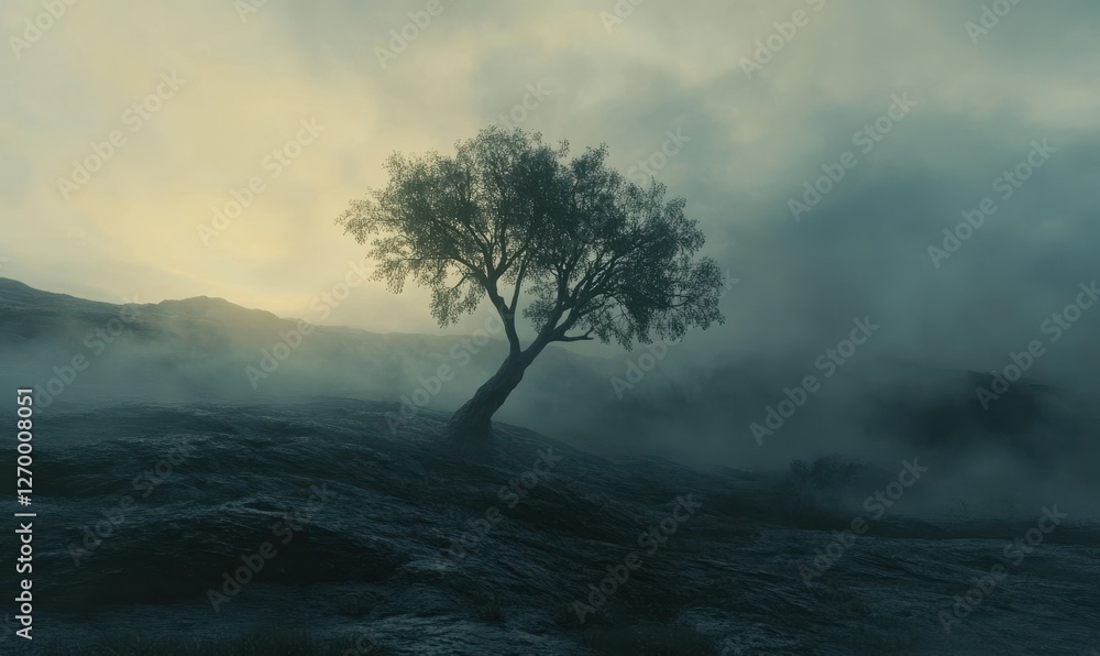 Poster lone tree standing on a foggy field at dawn, soft light filtering through the mist creating a myster